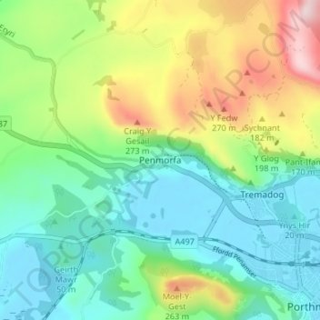 Penmorfa topographic map, elevation, terrain