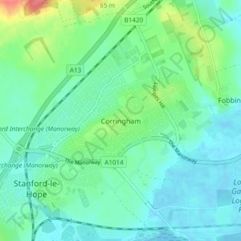 Corringham topographic map, elevation, terrain