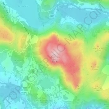 Loughrigg Fell topographic map, elevation, terrain