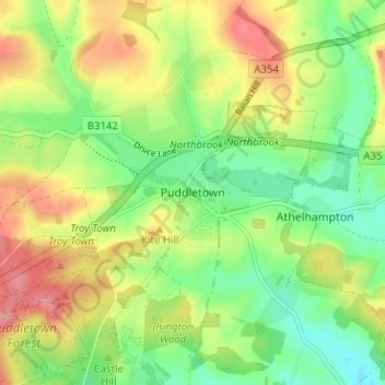 Puddletown topographic map, elevation, terrain