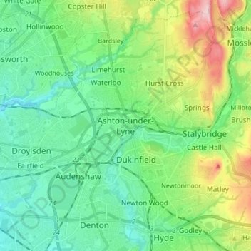 Ashton-under-Lyne topographic map, elevation, terrain