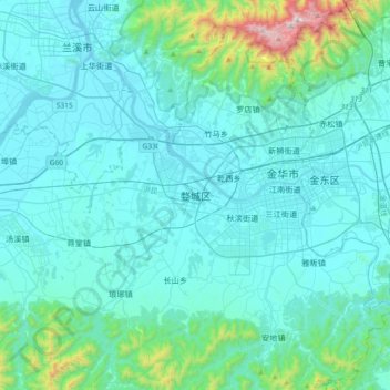 婺城区 topographic map, elevation, terrain