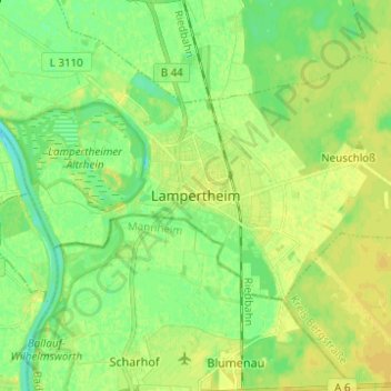 Lampertheim topographic map, elevation, terrain