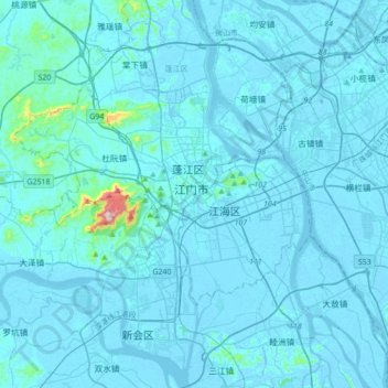 江门市 topographic map, elevation, terrain