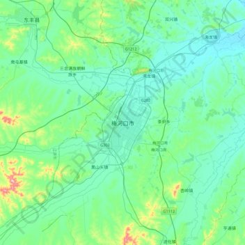梅河口市 topographic map, elevation, terrain