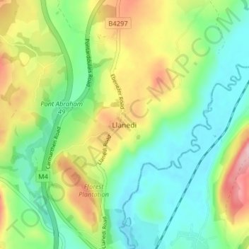 Llanedi topographic map, elevation, terrain