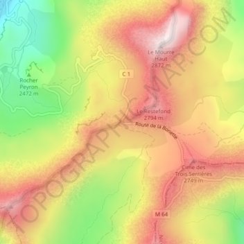 Faux col de Restefond topographic map, elevation, terrain