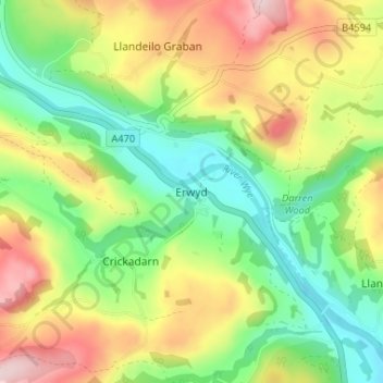 Erwood topographic map, elevation, terrain