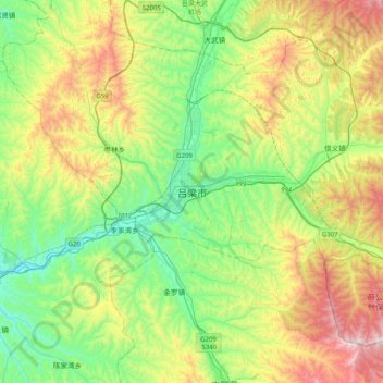 Lüliang topographic map, elevation, terrain