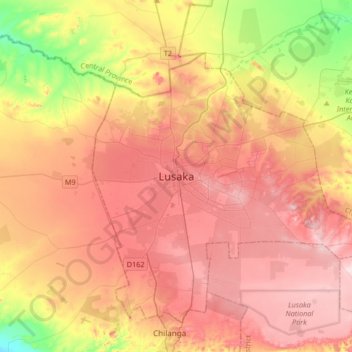 Lusaka topographic map, elevation, terrain