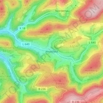 Westfeld topographic map, elevation, terrain