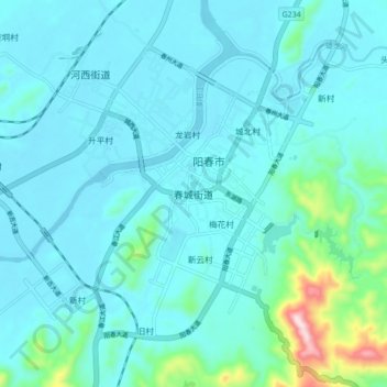 春城街道 topographic map, elevation, terrain