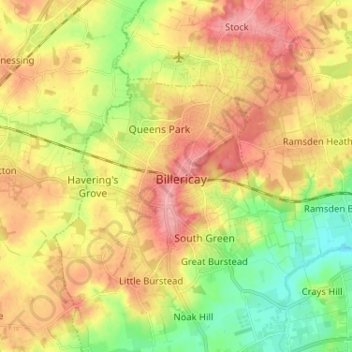 Billericay topographic map, elevation, terrain