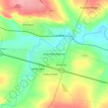 Bronkhorstspruit topographic map, elevation, terrain