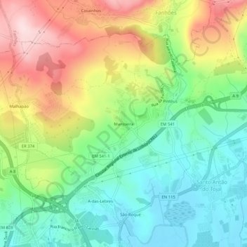 Manjoeira topographic map, elevation, terrain