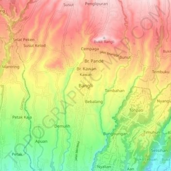 Bangli topographic map, elevation, terrain