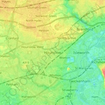 Hounslow topographic map, elevation, terrain