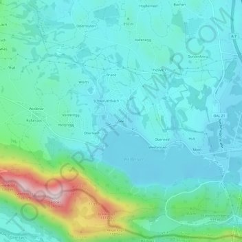 See topographic map, elevation, terrain