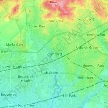 Romford topographic map, elevation, terrain