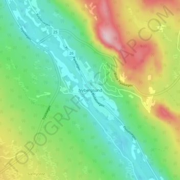 Nybergsund topographic map, elevation, terrain