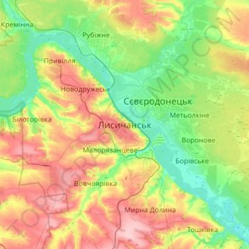 Лисичанск topographic map, elevation, terrain
