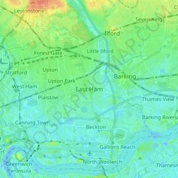 East Ham topographic map, elevation, terrain