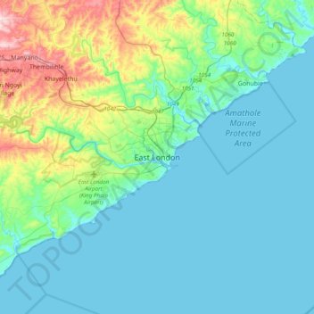 East London topographic map, elevation, terrain