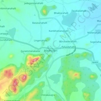 Madhugiri topographic map, elevation, terrain