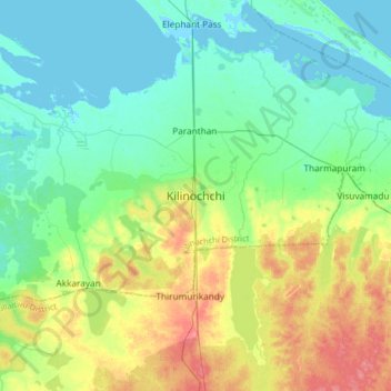 Kilinochchi topographic map, elevation, terrain