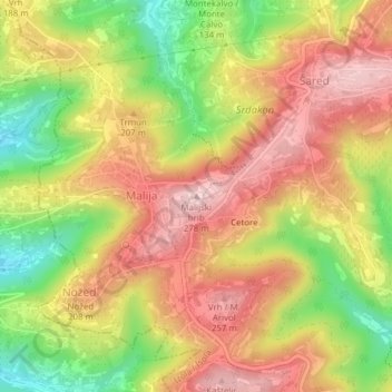 Malijski hrib topographic map, elevation, terrain
