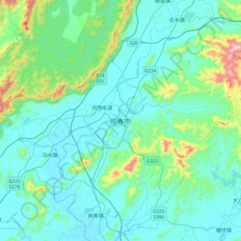 阳春市 topographic map, elevation, terrain
