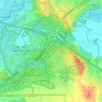 Ockham Common topographic map, elevation, terrain