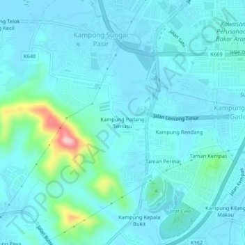 Kampung Padang Temusu topographic map, elevation, terrain