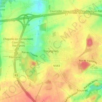 Trazegnies topographic map, elevation, terrain