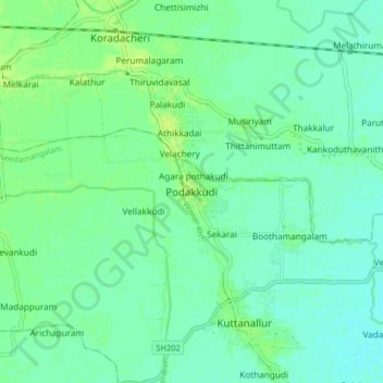 Podakkudi topographic map, elevation, terrain