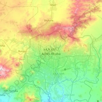 Addis Abeba topographic map, elevation, terrain