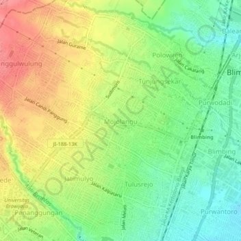 Mojolangu topographic map, elevation, terrain