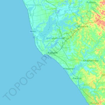Kollam topographic map, elevation, terrain