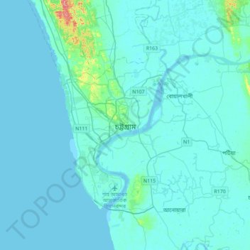 Chattogram topographic map, elevation, terrain