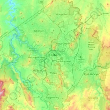 Canberra topographic map, elevation, terrain