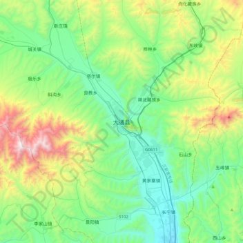 大通县 topographic map, elevation, terrain