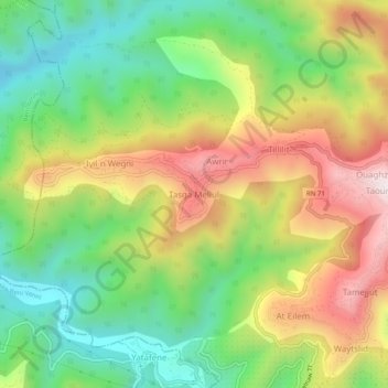 Tazga Melloul topographic map, elevation, terrain