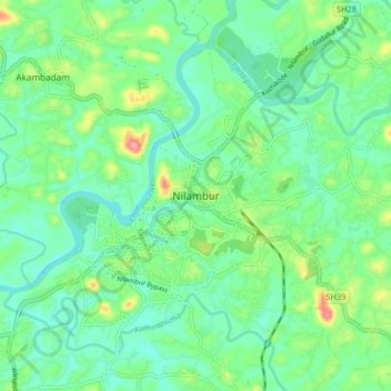 Nilambur topographic map, elevation, terrain