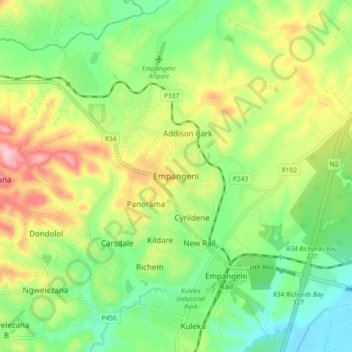 Empangeni topographic map, elevation, terrain