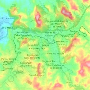 Itaúna topographic map, elevation, terrain