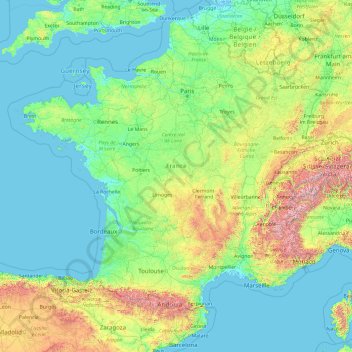 France métropolitaine topographic map, elevation, terrain