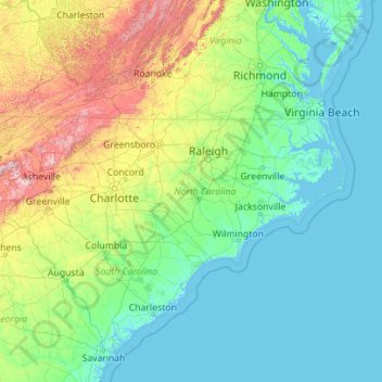 Carolina del Norte topographic map, elevation, terrain