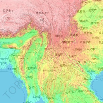 怒江 topographic map, elevation, terrain