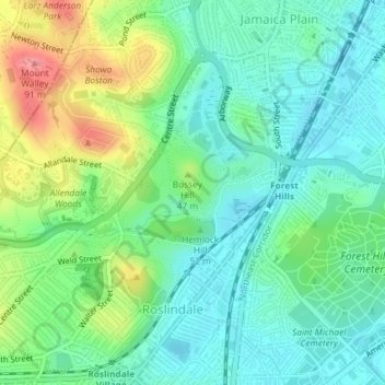 Arnold Arboretum topographic map, elevation, terrain