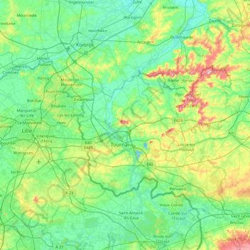 Tournai-Mouscron topographic map, elevation, terrain